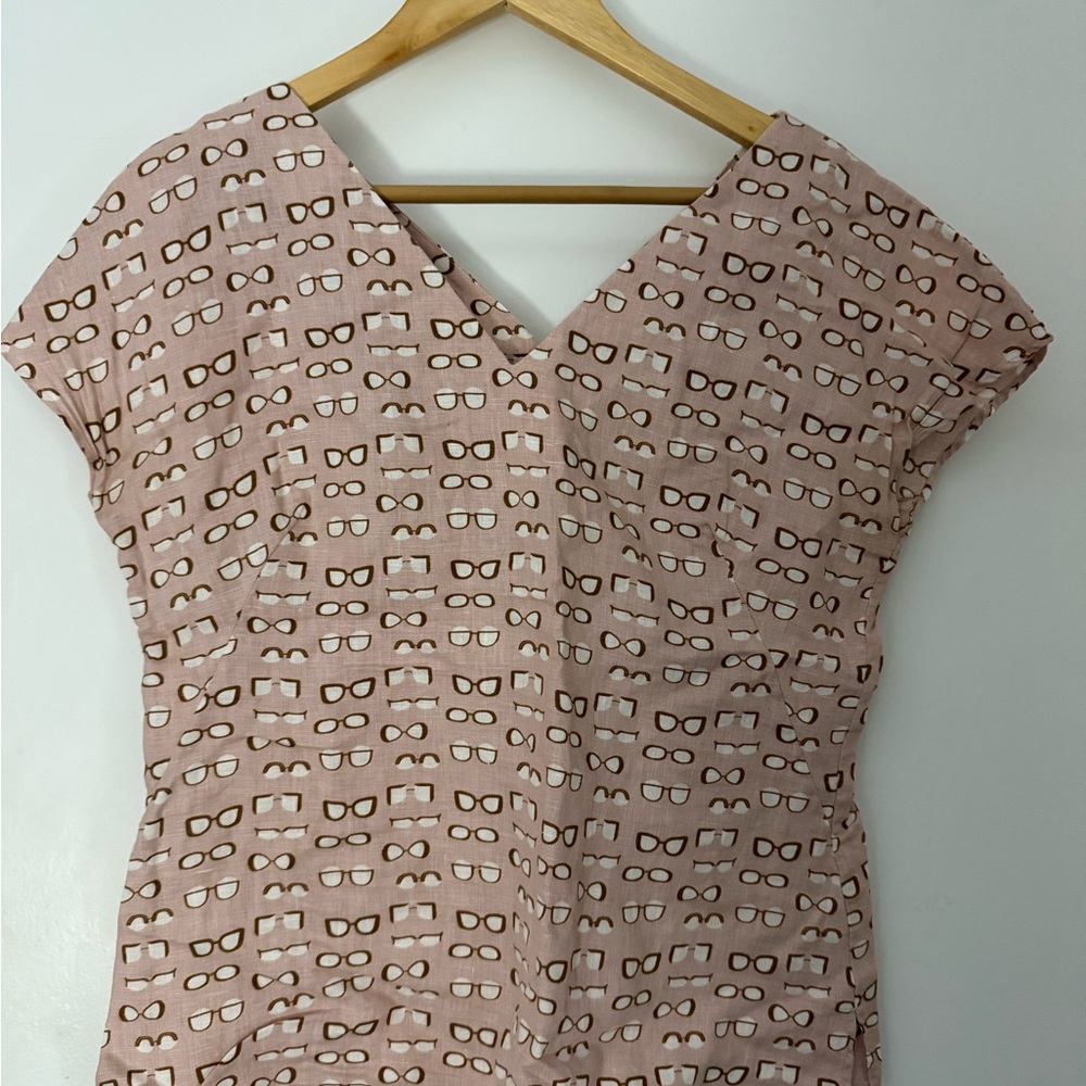 Boden Alexandra Linen Pink V Neck Top with Glasses Print